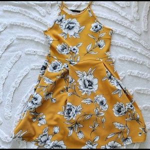 Yellow black and white floral print dress